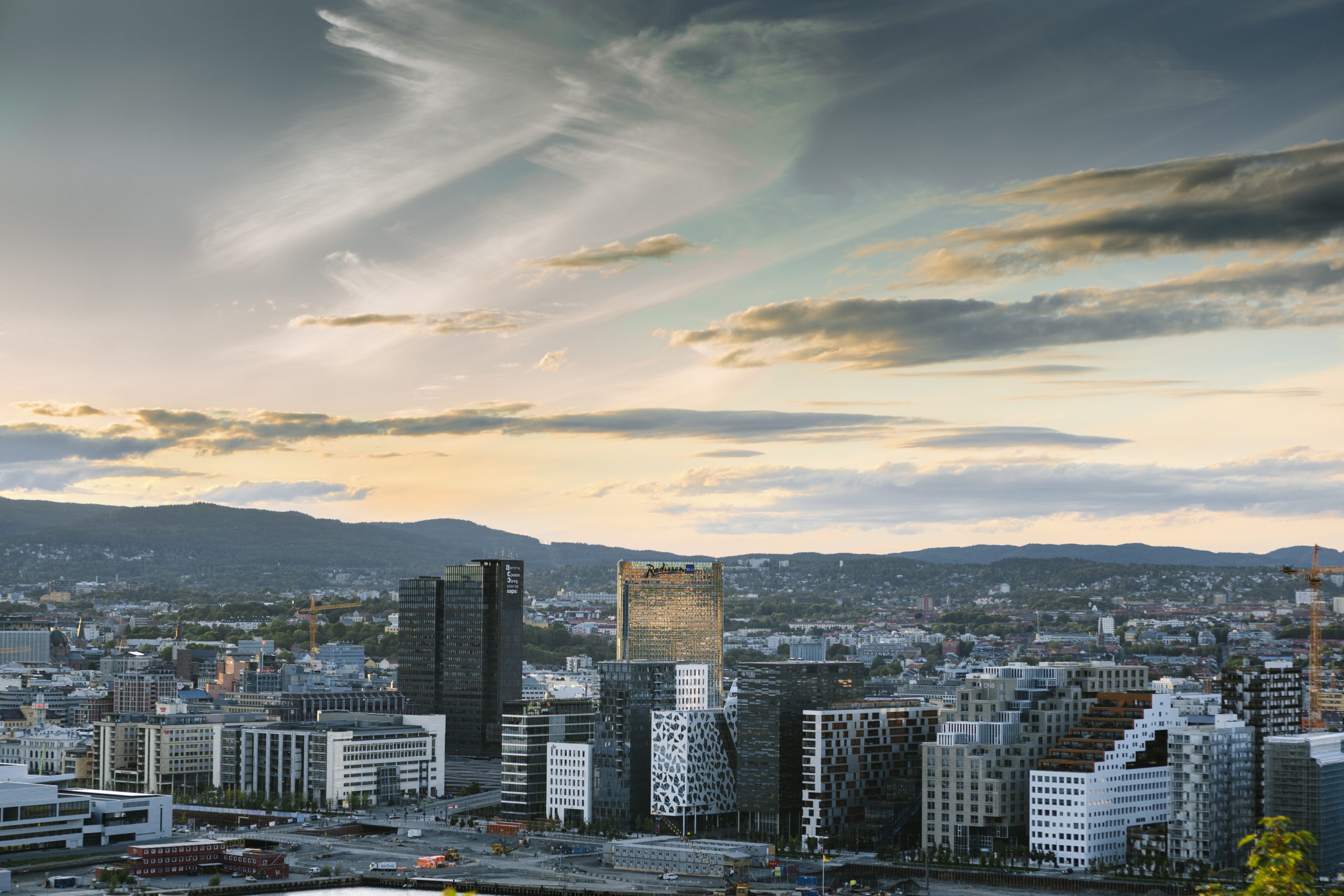 Magnificent view to Oslo Barcode and surroundings during sunset.